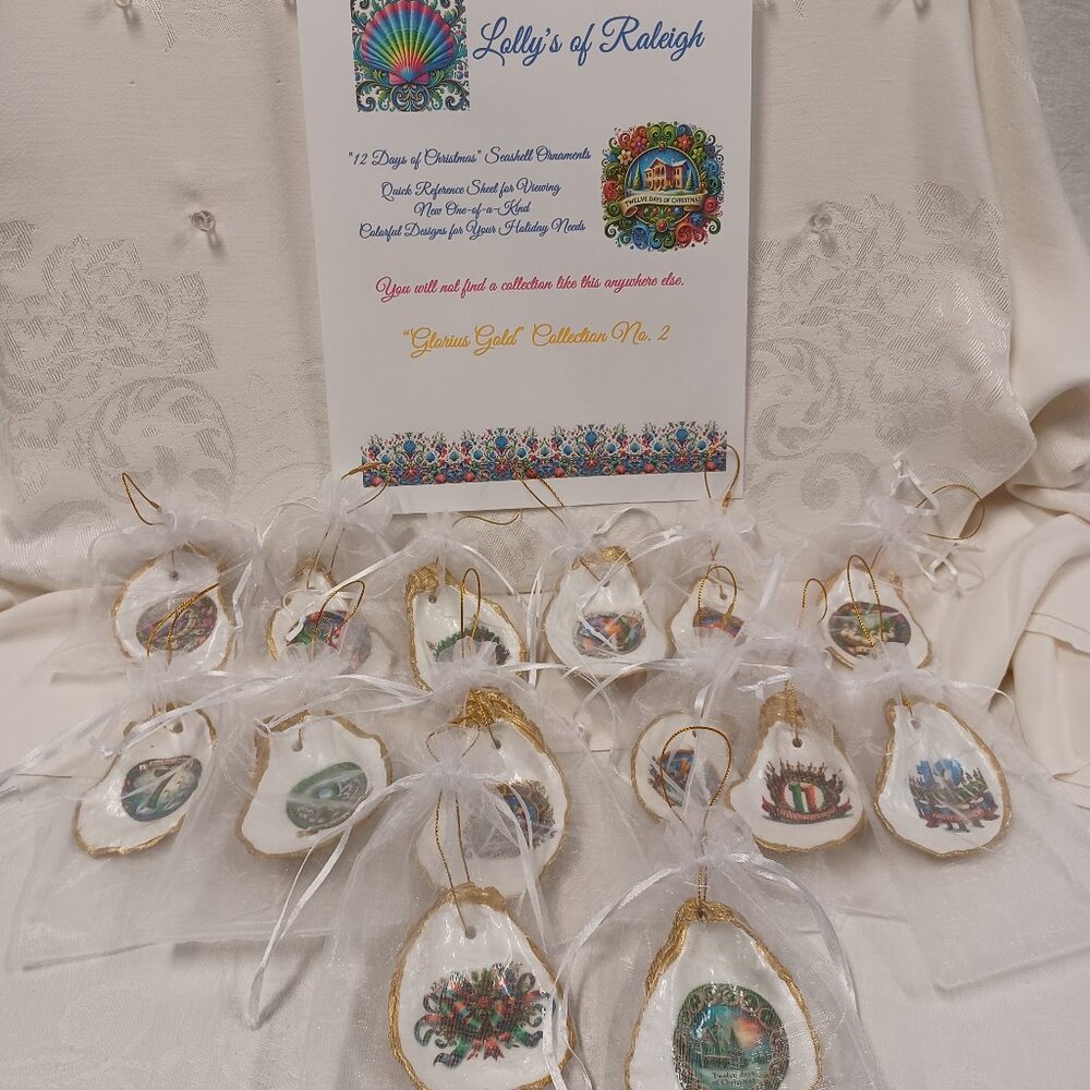 Glorious Gold #2 12 Days of Christmas Oyster Shell Ornaments + 2 Bonus Ornaments